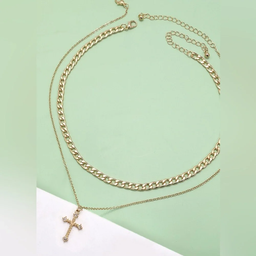 DOUBLE LAYER CROSS CHARM PENDANT NECKLACE gold plated set